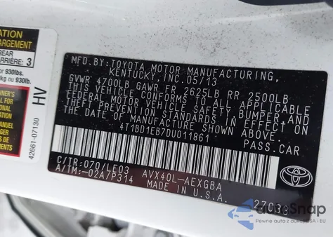 2013 Toyota Avalon Hybrid z USA, uszkodzony, nr VIN 4T1BD1EB7DU011861